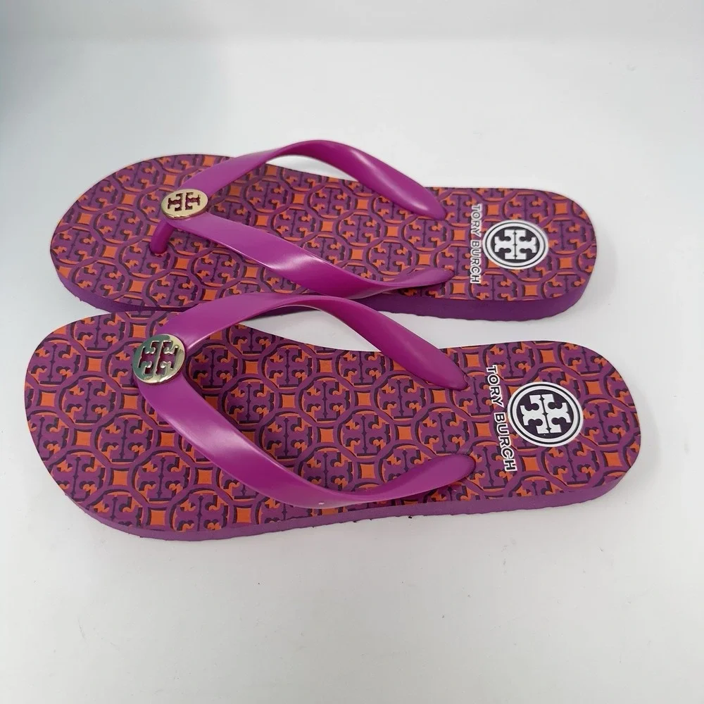Tory Burch Thandie Logo Print Flip Flop Sandals Hot Pink Orange Womens 7
